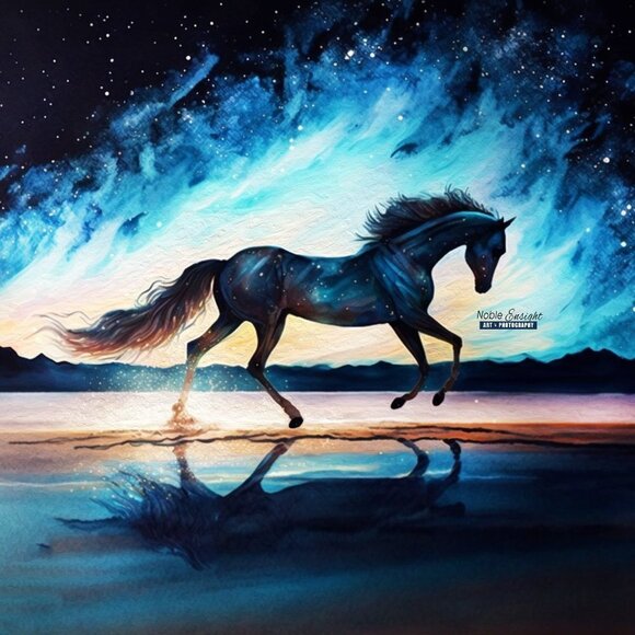 8x8 Framed Black Stallion Horse Under The Stars Watercolor Oil Painting Print - Picture 2 of 9